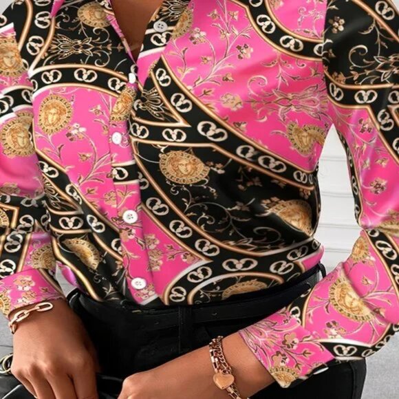 Pink Baroque Print Button-Up Blouse – Long Sleeve Satin Shirt (2XL) - Picture 2 of 4